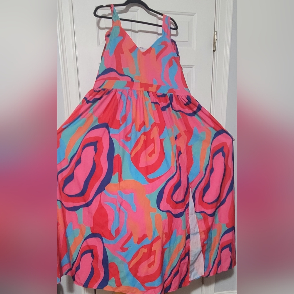 Colorful Abstract Print Maxi Dress - Bright Pink & Blue